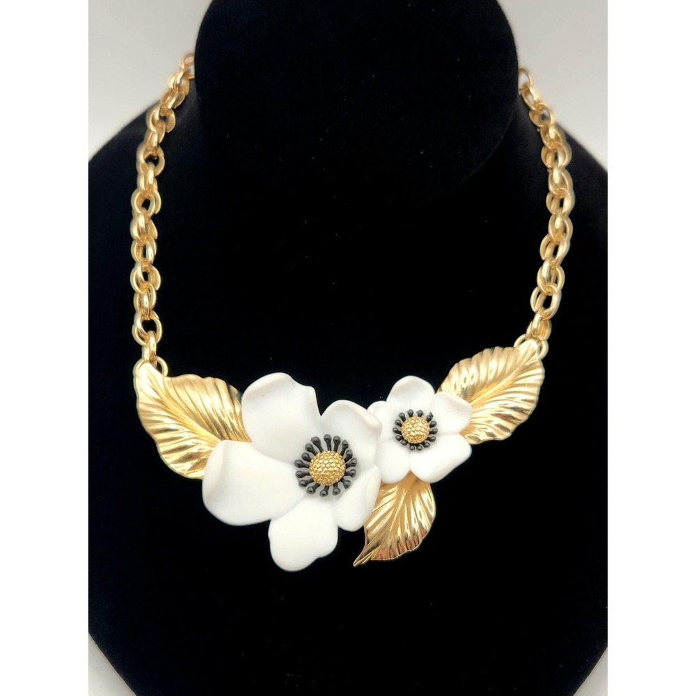 Vintage Louis Feraud Paris Necklace Signed Gold Tone Dogwood Flower Statement
